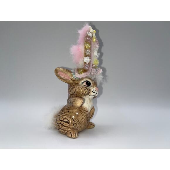 Vintage Ceramic Dancing Easter Bunny With Poof Faux Fur Flower Hat Deb O. OOAK - Picture 7 of 16
